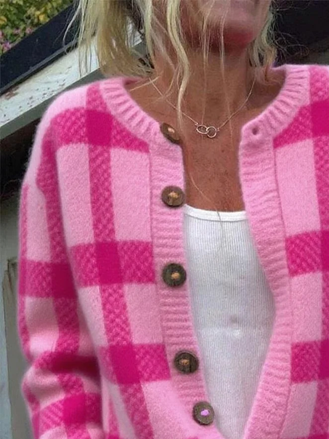 Women Plaid Casual Spring/Fall Printing Cardigan