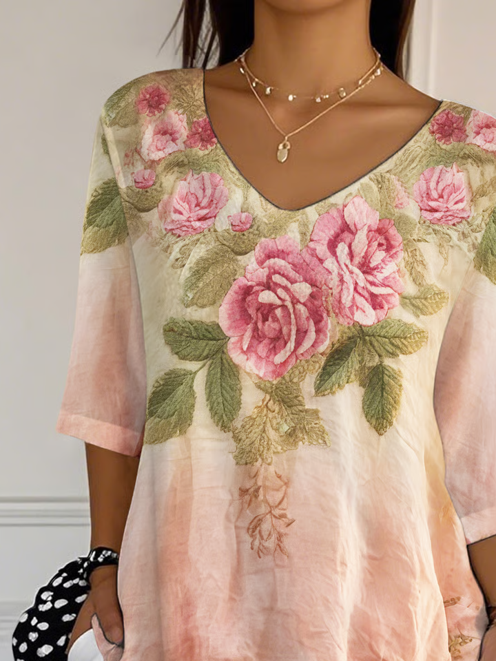 Women Floral Three Quarter Sleeve Tee T-shirt V Neck Printing Casual Spring/Fall Graphic Tee Top