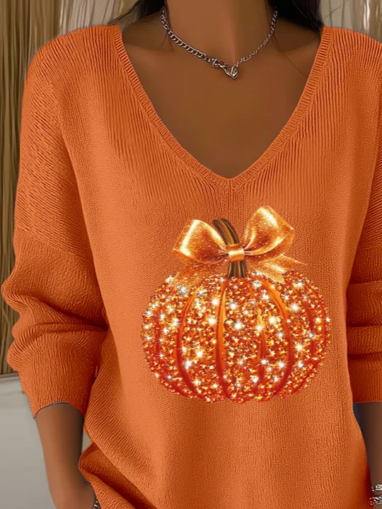 Women Halloween (pumpkin) Long Sleeve Tee T-shirt V Neck Printing Casual Spring/Fall Top
