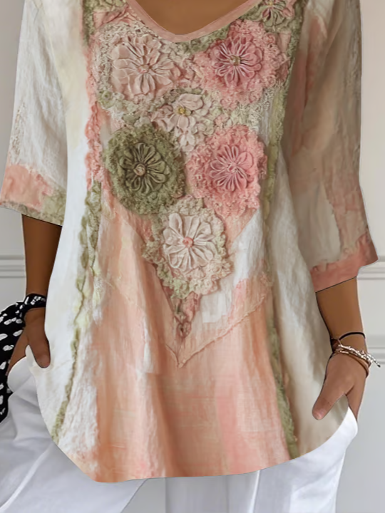Women Floral Three Quarter Sleeve Tee T-shirt V Neck Printing Casual Spring/Fall Graphic Tee Top