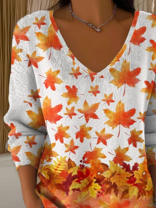 Women Maple Leaf Long Sleeve Tee T-shirt V Neck Printing Casual Spring/Fall Top