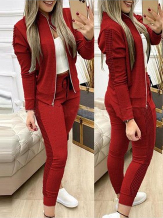 Women Geometric Split Joint Two-Piece Set Daily Long Sleeve Casual Spring/Fall Top With Pants Matching Set