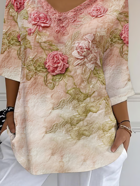 Women Floral Three Quarter Sleeve Tee T-shirt V Neck Printing Casual Spring/Fall Graphic Tee Top