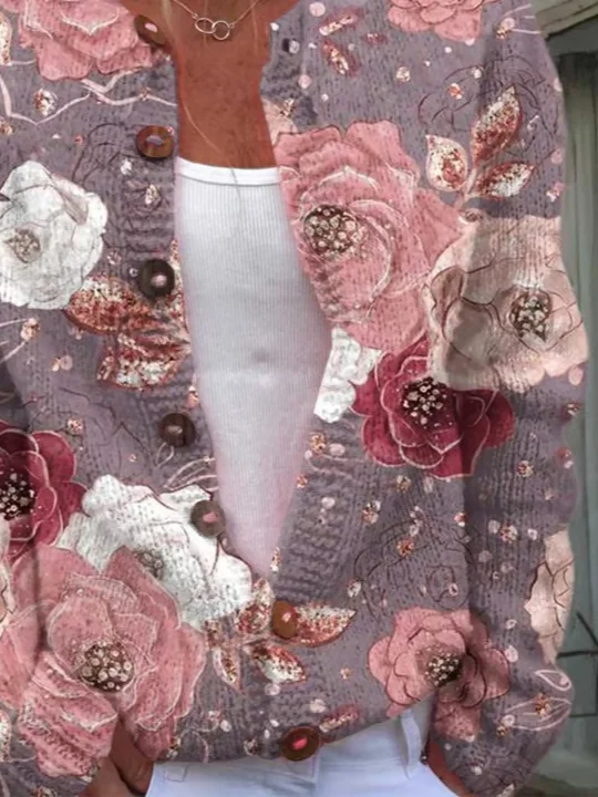 Women Floral Casual Spring/Fall Printing Cardigan