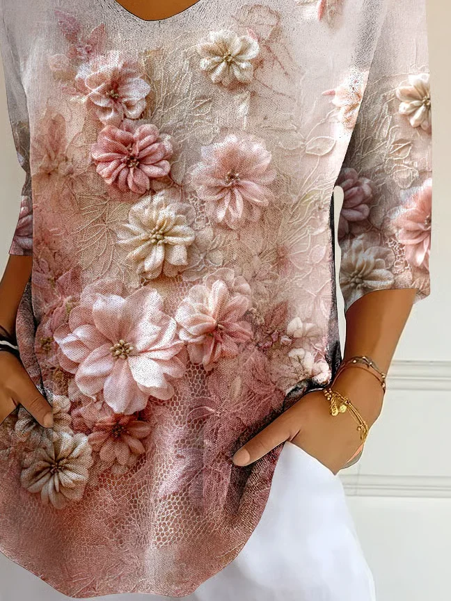 Women Floral Three Quarter Sleeve Tee T-shirt V Neck Printing Casual Spring/Fall Graphic Tee Top