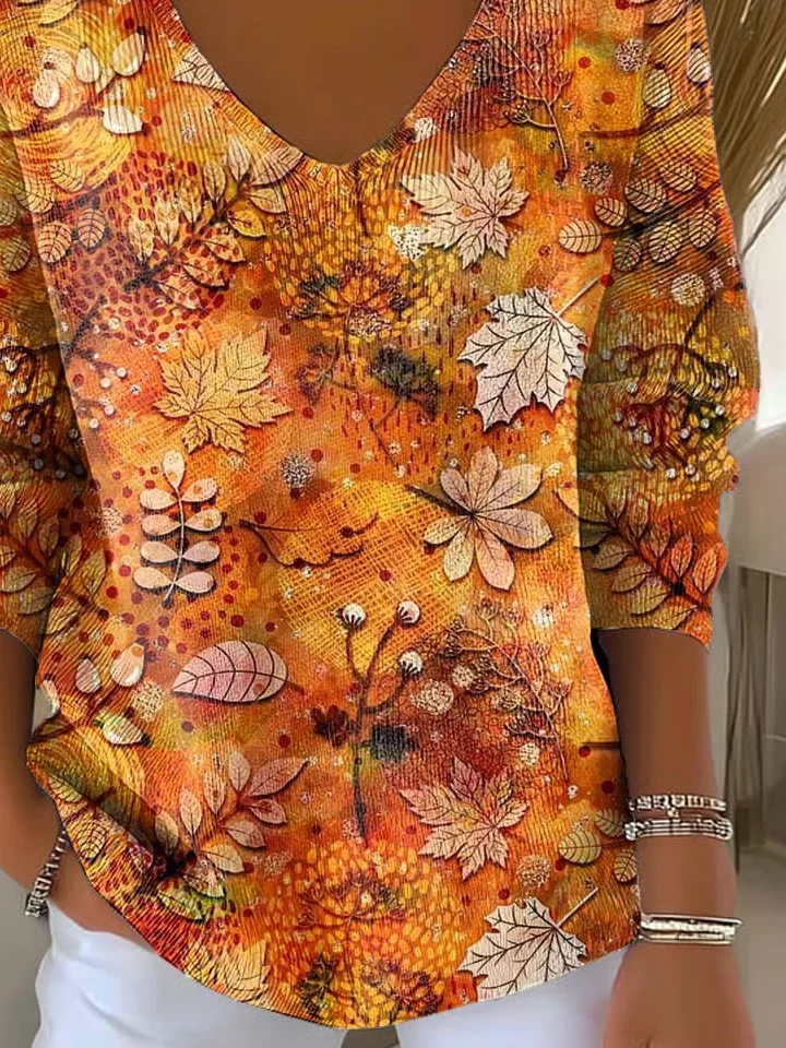Women Maple Leaf Long Sleeve Tee T-shirt V Neck Printing Casual Spring/Fall Top