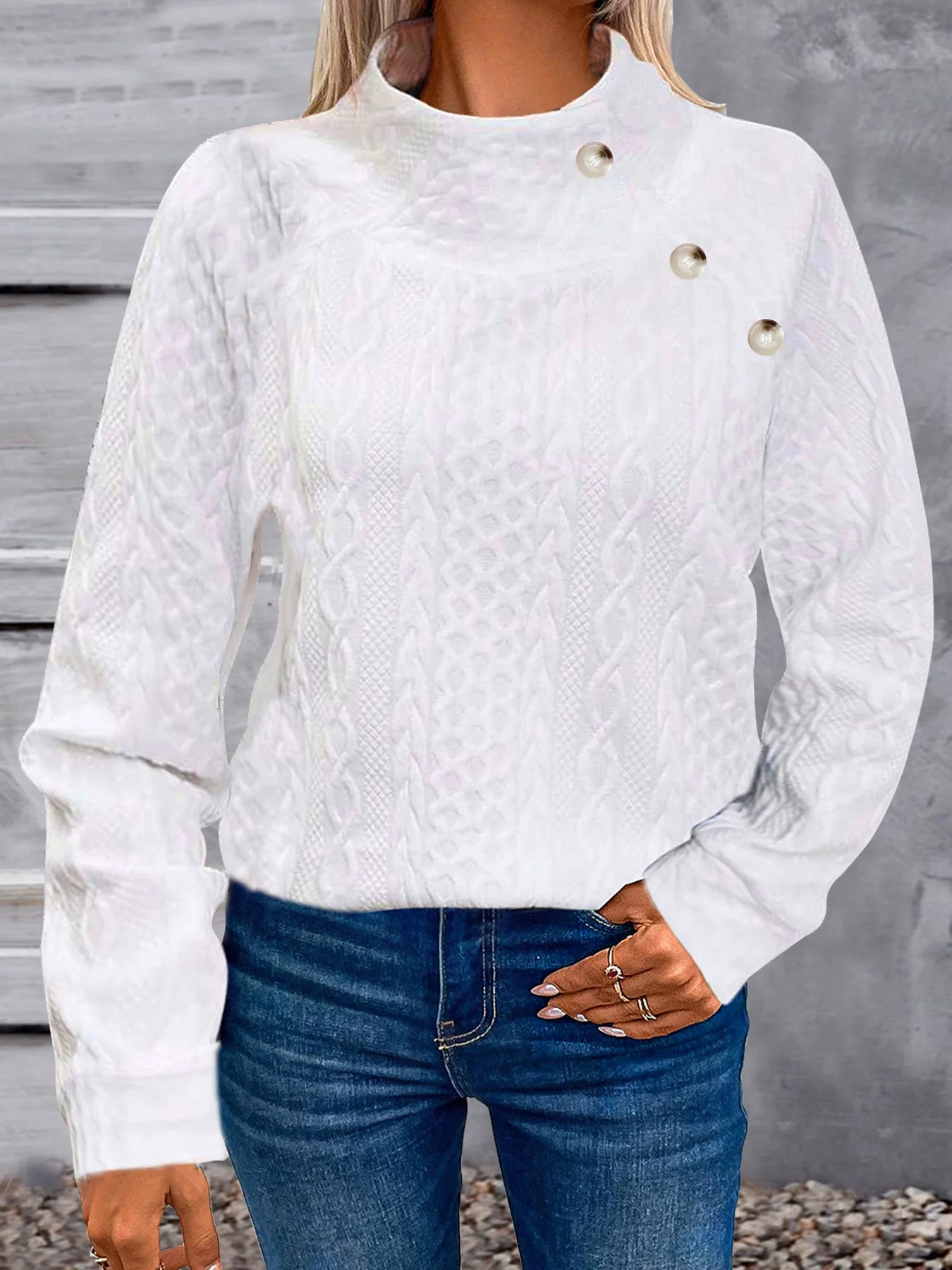Women Geometric Turtleneck Jacquard Vintage Spring/Fall Long Sleeve Sweatshirt