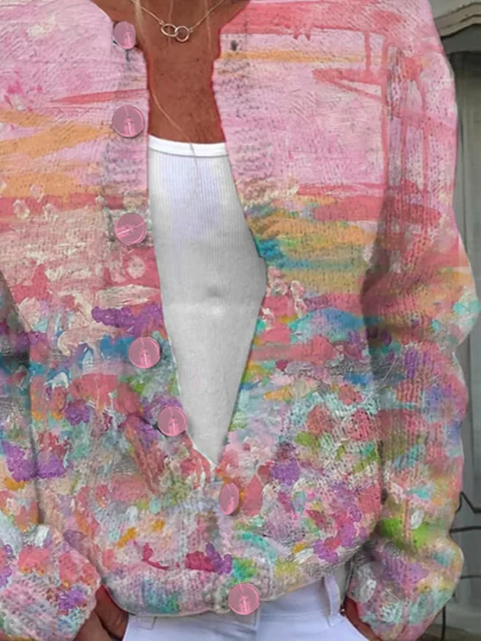 Women Abstract Casual Spring/Fall Printing Cardigan