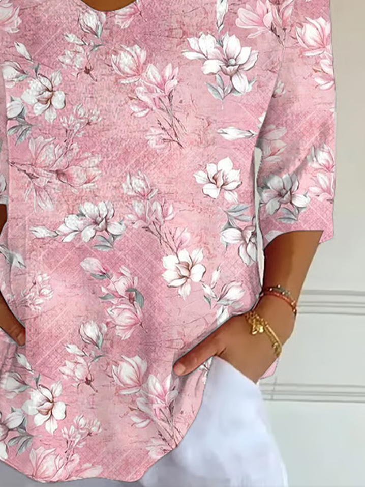 Women Floral Three Quarter Sleeve Tee T-shirt V Neck Printing Casual Spring/Fall Graphic Tee Top