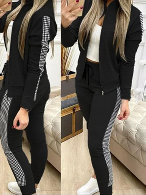 Women Geometric Split Joint Two-Piece Set Daily Long Sleeve Casual Spring/Fall Top With Pants Matching Set