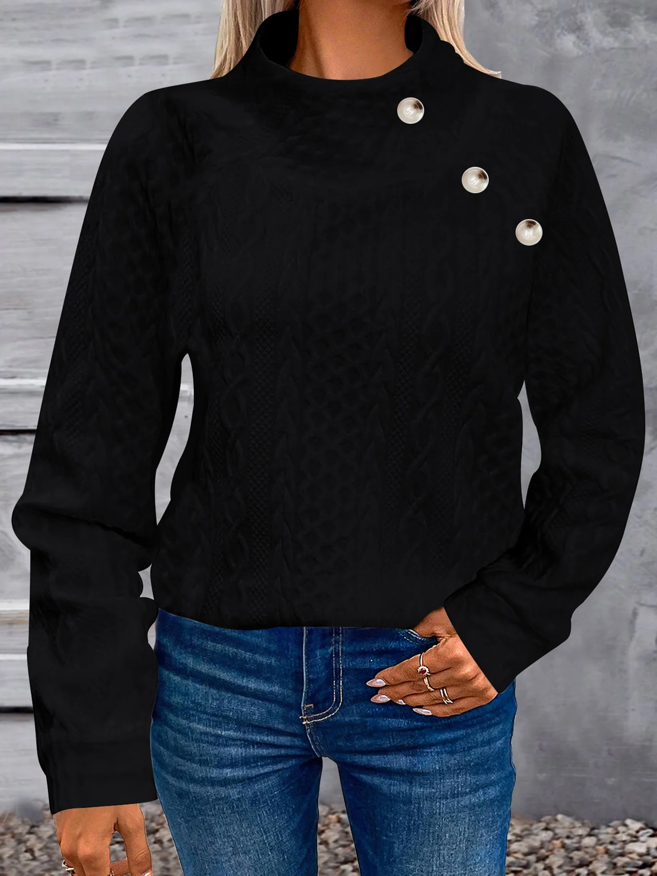 Women Geometric Turtleneck Jacquard Vintage Spring/Fall Long Sleeve Sweatshirt