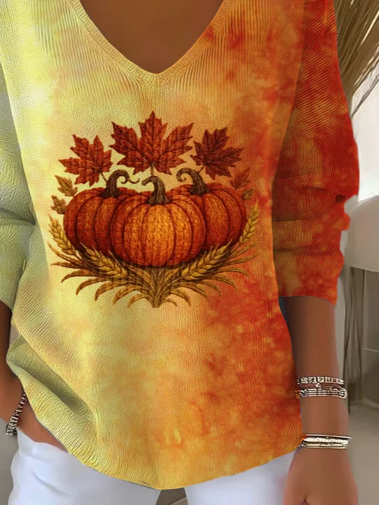 Women Maple Leaf Long Sleeve Tee T-shirt V Neck Printing Casual Spring/Fall Top