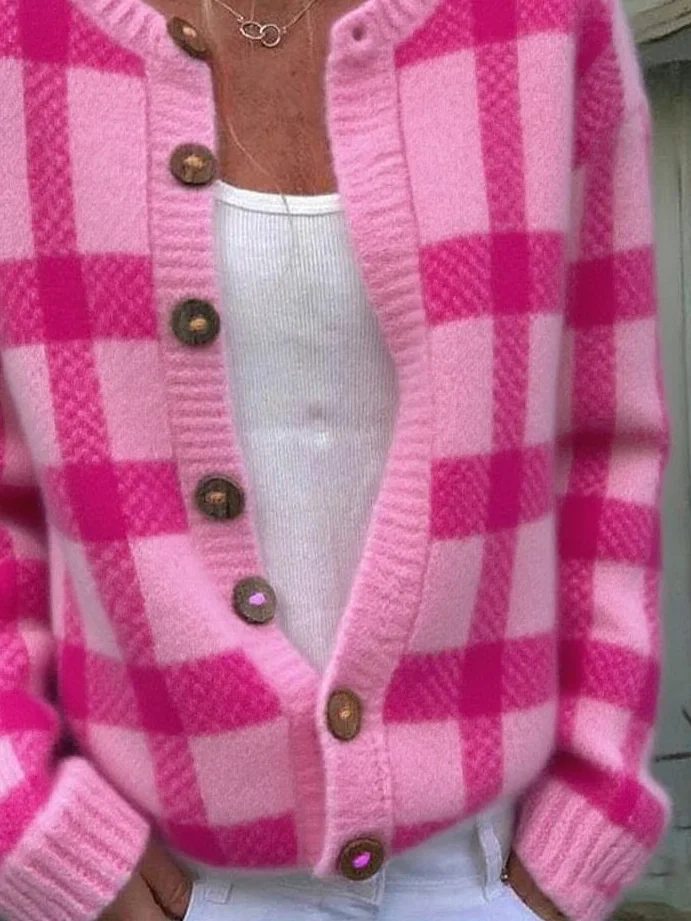 Women Plaid Casual Spring/Fall Printing Cardigan
