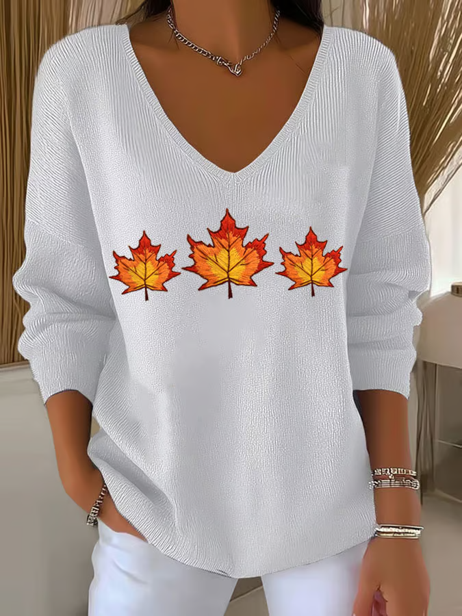 Women Maple Leaf Long Sleeve Tee T-shirt V Neck Printing Casual Spring/Fall Top