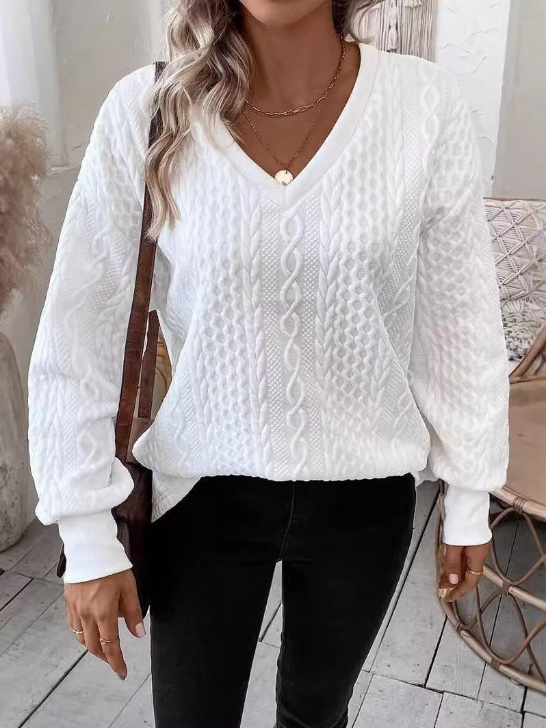 Women Geometric V Neck Jacquard Vintage Spring/Fall Long Sleeve Sweatshirt