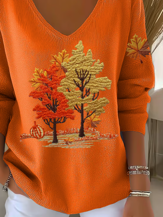 Women Maple Leaf Long Sleeve Tee T-shirt V Neck Printing Casual Spring/Fall Top