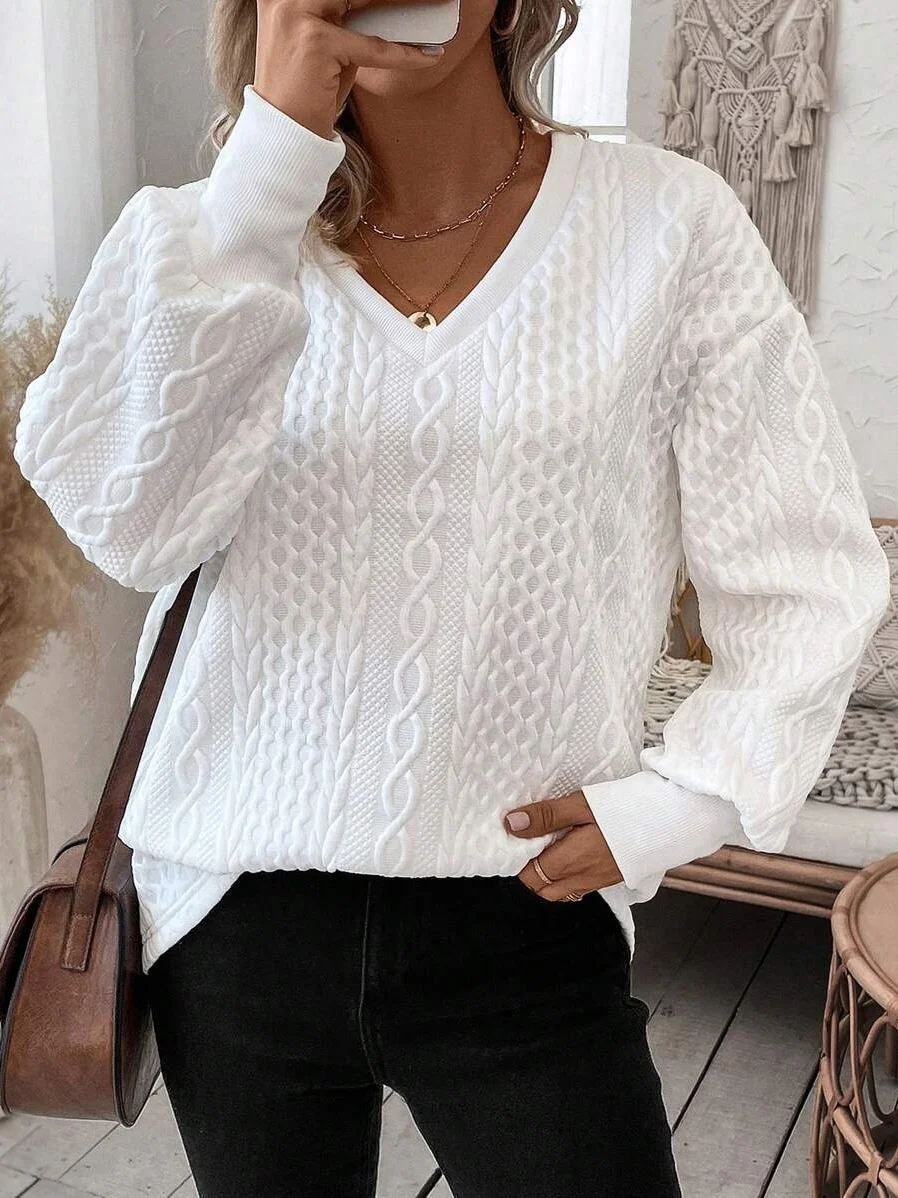 Women Geometric V Neck Jacquard Vintage Spring/Fall Long Sleeve Sweatshirt