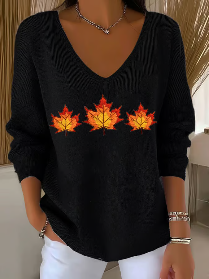 Women Maple Leaf Long Sleeve Tee T-shirt V Neck Printing Casual Spring/Fall Top