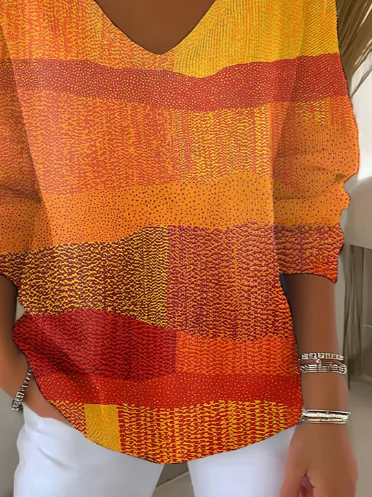 Women Abstract Long Sleeve Tee T-shirt V Neck Printing Casual Spring/Fall Top