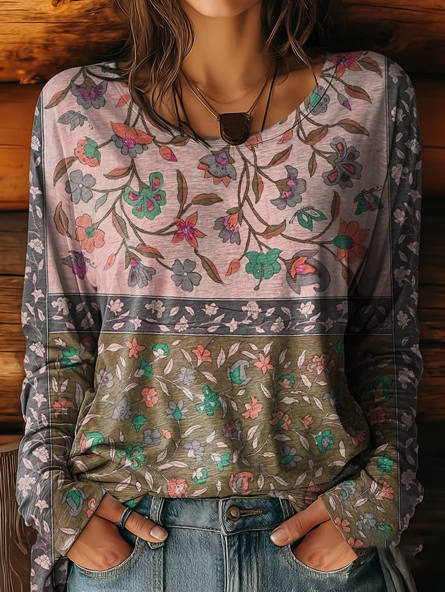 Women Floral Long Sleeve Tee T-shirt Crew Neck Printing Casual Spring/Fall Graphic Tee Top