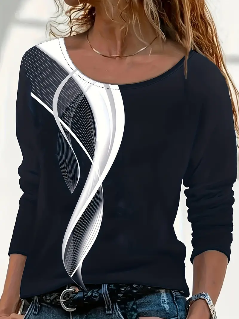 Women Abstract Long Sleeve Tee T-shirt Crew Neck Printing Casual Spring/Fall Graphic Tee Top