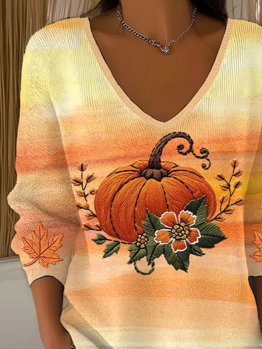 Women Maple Leaf Long Sleeve Tee T-shirt V Neck Printing Casual Spring/Fall Top