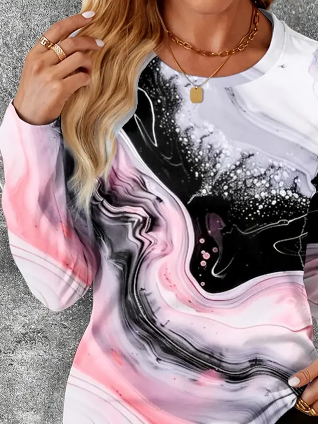 Women Abstract Long Sleeve Tee T-shirt Crew Neck Printing Casual Spring/Fall Graphic Tee Top