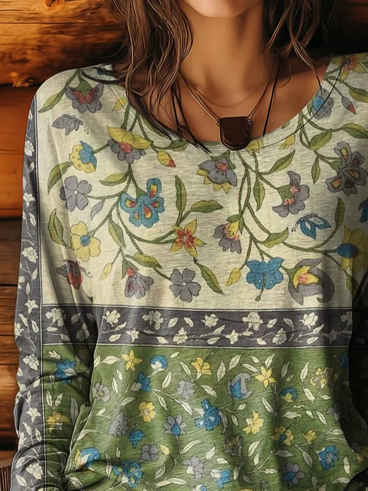Women Floral Long Sleeve Tee T-shirt Crew Neck Printing Casual Spring/Fall Graphic Tee Top