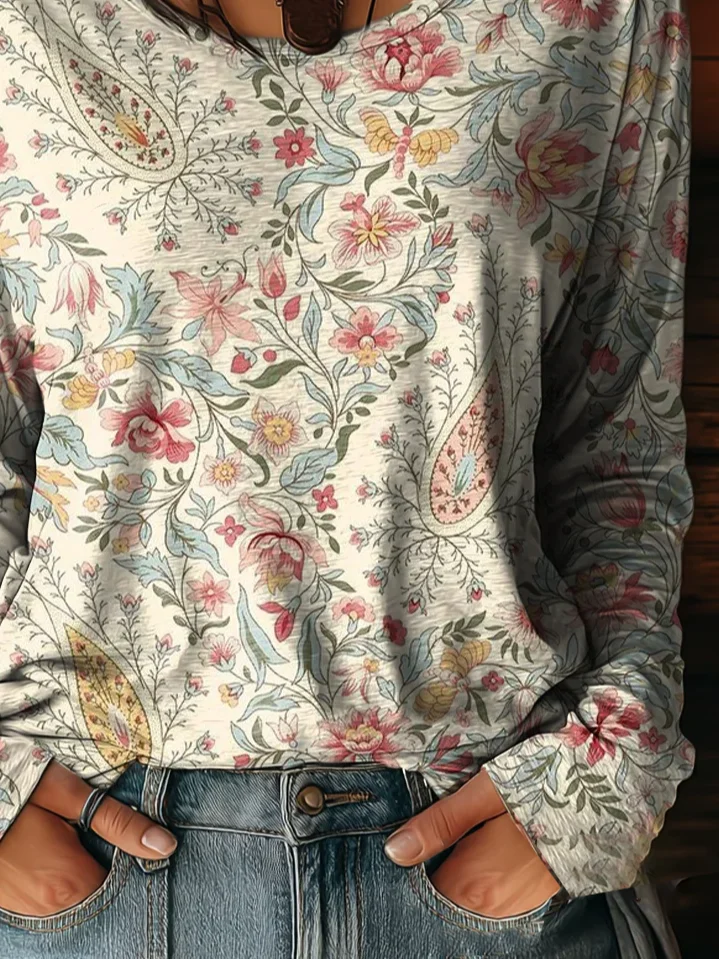Women Floral Long Sleeve Tee T-shirt Crew Neck Printing Casual Spring/Fall Graphic Tee Top