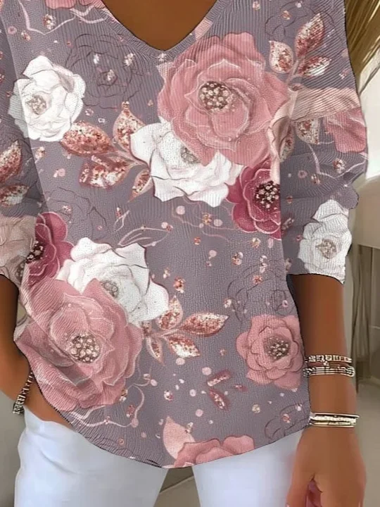 Women Floral Long Sleeve Tee T-shirt V Neck Printing Casual Spring/Fall Top