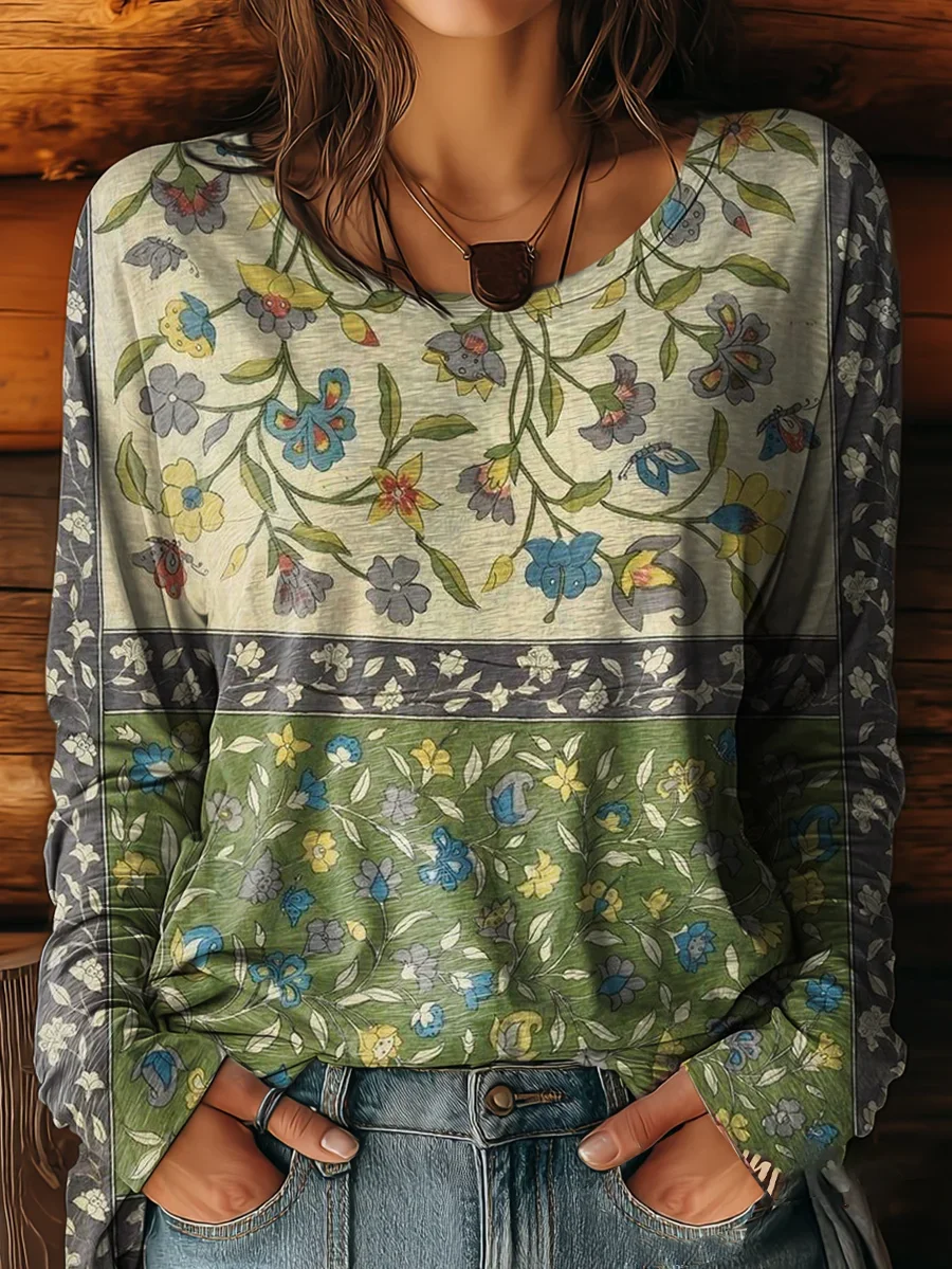 Women Floral Long Sleeve Tee T-shirt Crew Neck Printing Casual Spring/Fall Graphic Tee Top