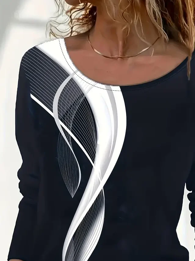 Women Abstract Long Sleeve Tee T-shirt Crew Neck Printing Casual Spring/Fall Graphic Tee Top