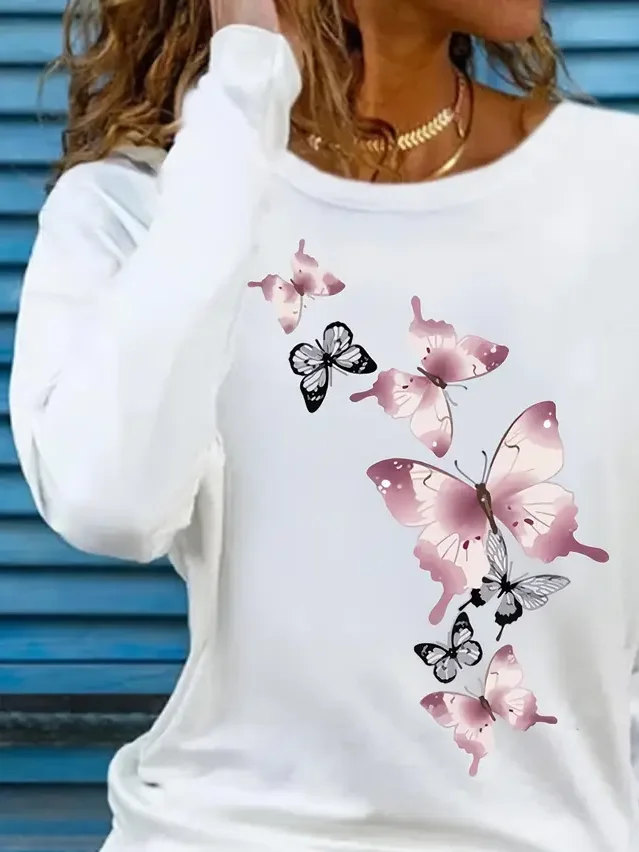 Women Butterfly Long Sleeve Tee T-shirt Crew Neck Printing Casual Spring/Fall Graphic Tee Top