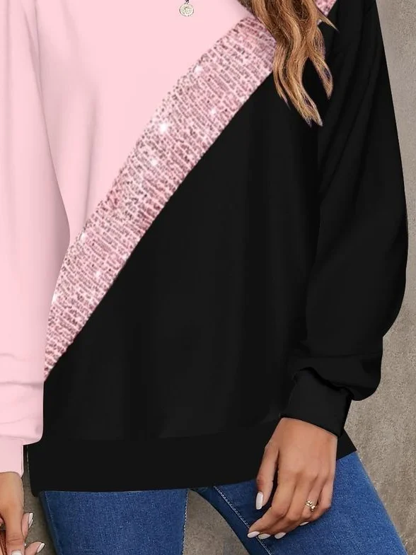 Women Multicolor Block Crew Neck Printing Casual Spring/Fall Long Sleeve Sweatshirt