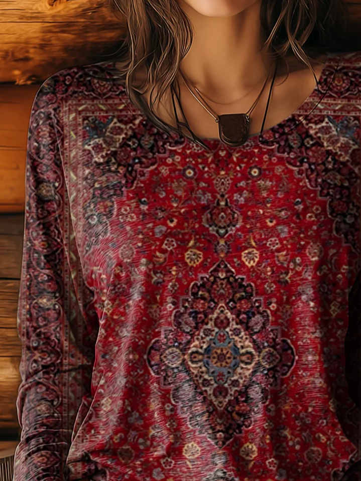 Women Ethnic Long Sleeve Tee T-shirt Crew Neck Printing Casual Spring/Fall Graphic Tee Top