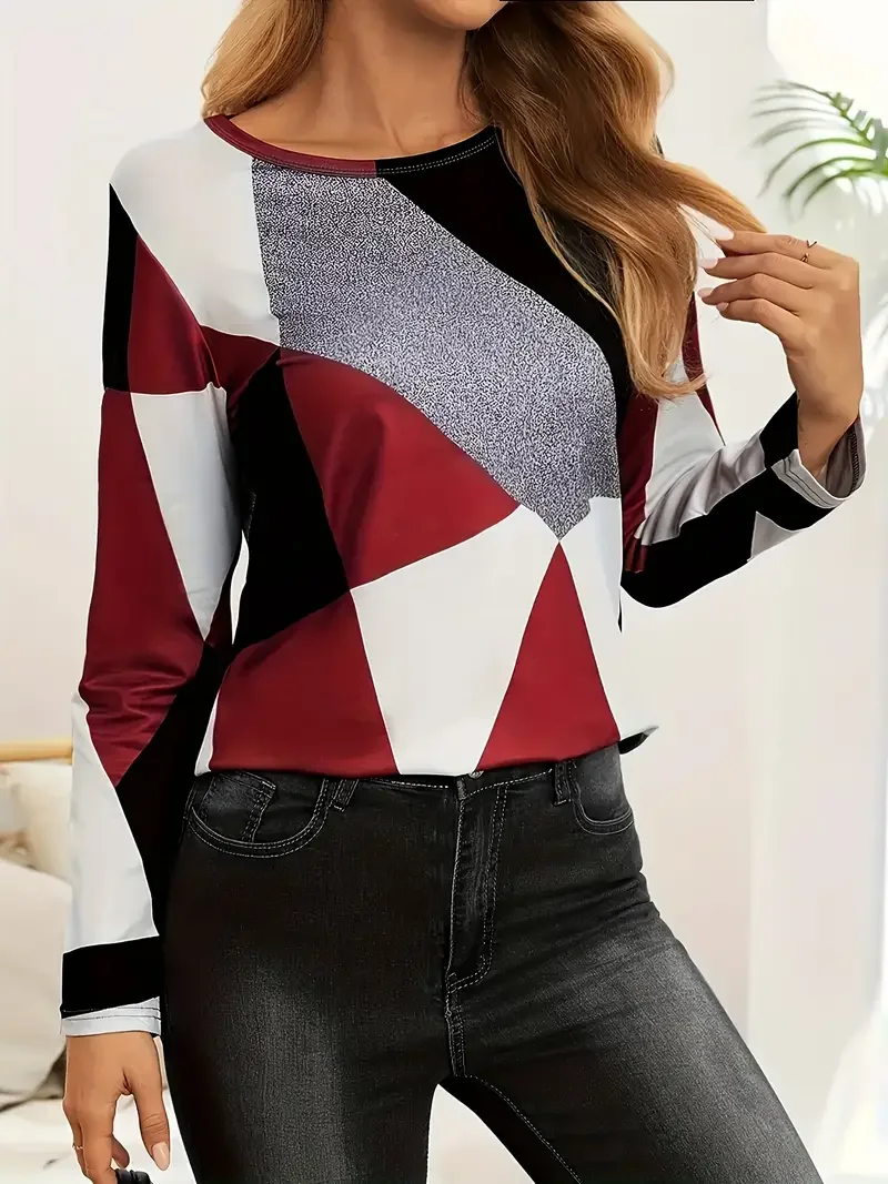 Women Abstract Long Sleeve Tee T-shirt Crew Neck Printing Casual Spring/Fall Graphic Tee Top