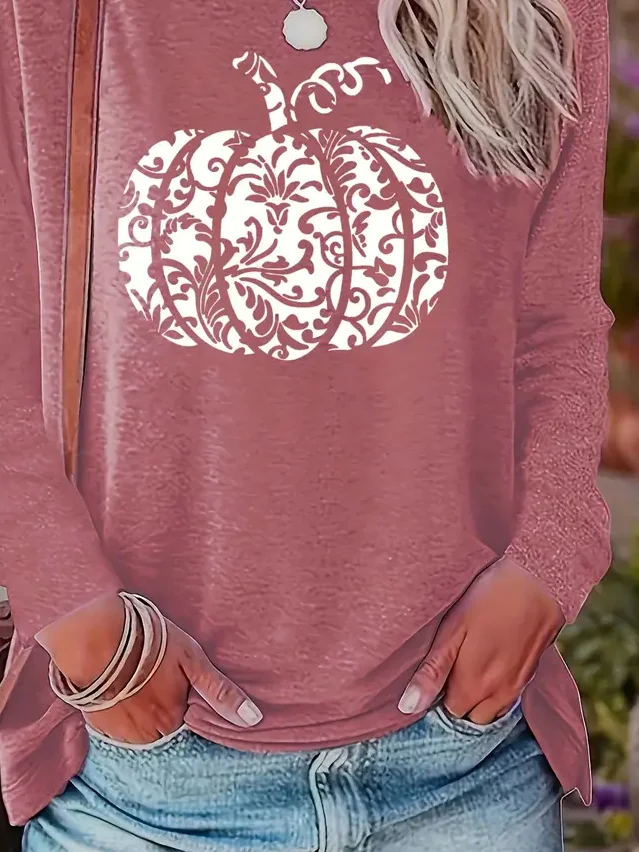 Women Halloween (pumpkin) Long Sleeve Tee T-shirt Crew Neck Printing Casual Spring/Fall Graphic Tee Top