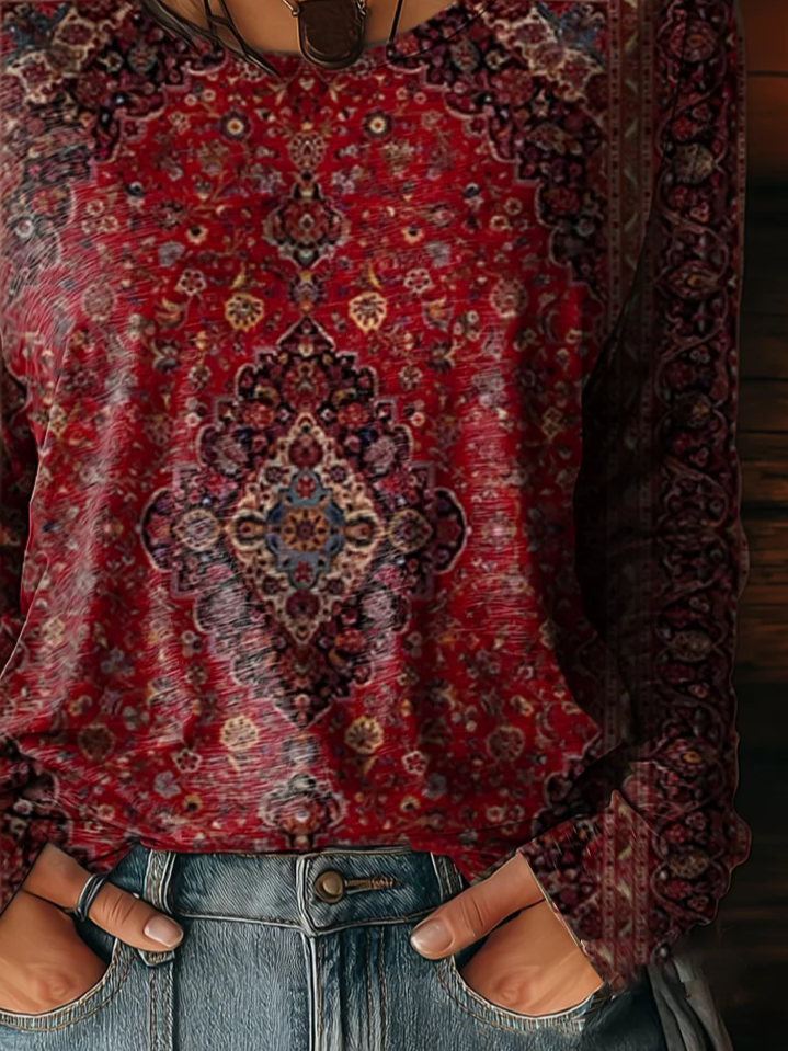 Women Ethnic Long Sleeve Tee T-shirt Crew Neck Printing Casual Spring/Fall Graphic Tee Top