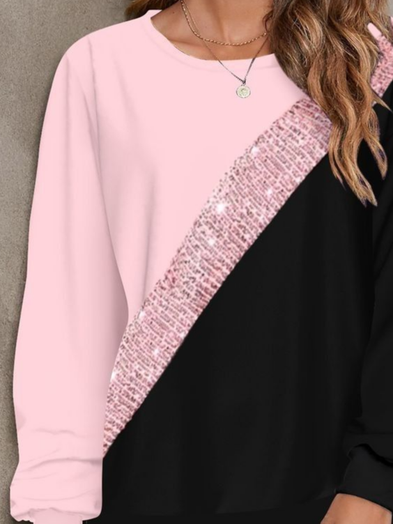 Women Multicolor Block Crew Neck Printing Casual Spring/Fall Long Sleeve Sweatshirt
