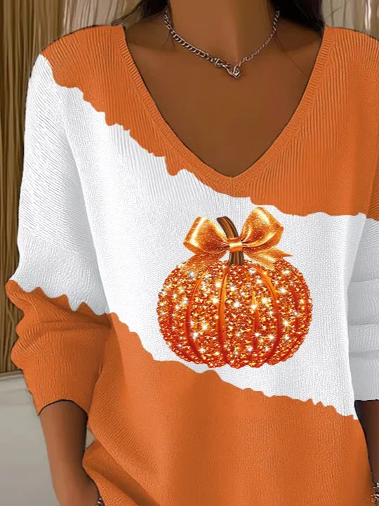 Women Halloween (pumpkin) Long Sleeve Tee T-shirt V Neck Printing Casual Spring/Fall Top