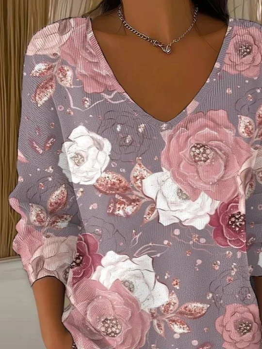 Women Floral Long Sleeve Tee T-shirt V Neck Printing Casual Spring/Fall Top
