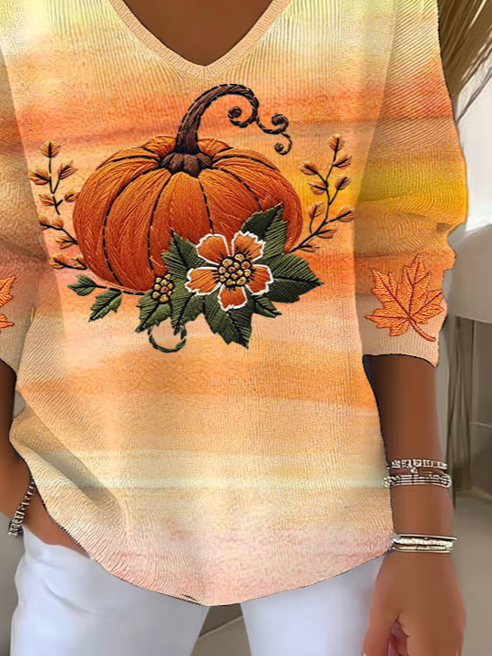 Women Maple Leaf Long Sleeve Tee T-shirt V Neck Printing Casual Spring/Fall Top
