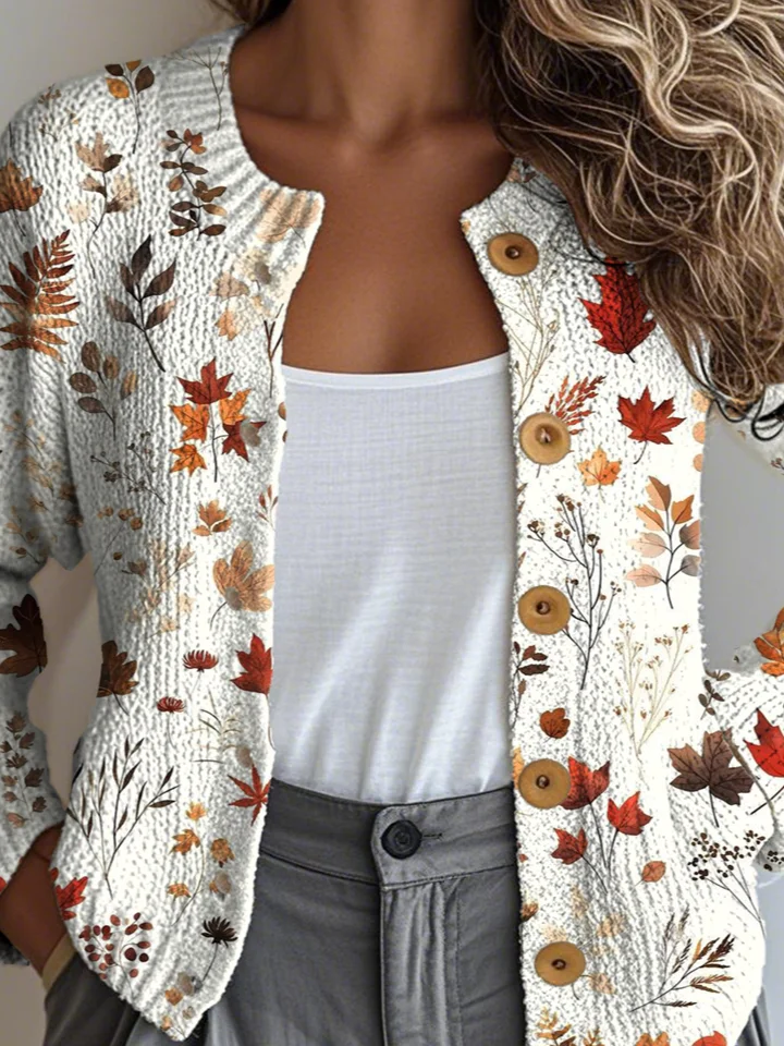Women Maple Leaf Buttons Long Sleeve Crew Neck Vintage Spring/Fall Cardigan Outerwear