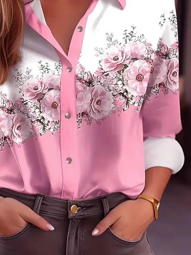 Women Floral Long Sleeve Shirt Spring/Fall Buckle Shirt Collar Regular Sleeve Daily Casual Top