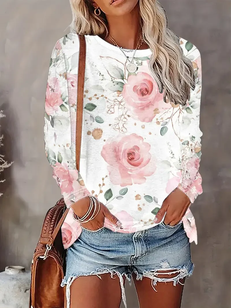 Women Floral Long Sleeve Tee T-shirt Crew Neck Printing Casual Spring/Fall Graphic Tee Top