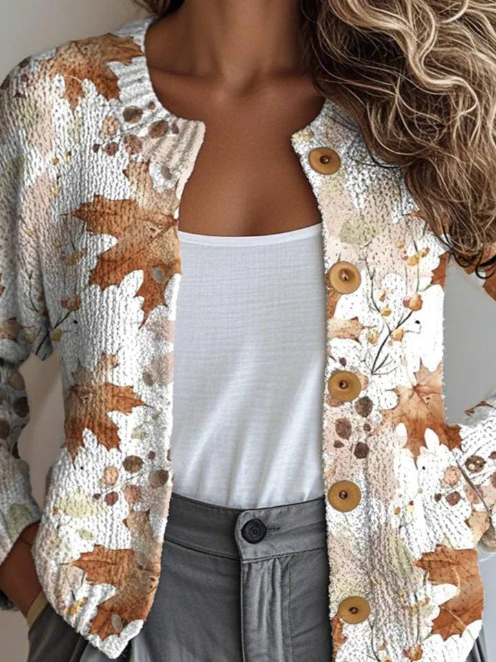 Women Maple Leaf Buttons Long Sleeve Crew Neck Vintage Spring/Fall Cardigan Outerwear