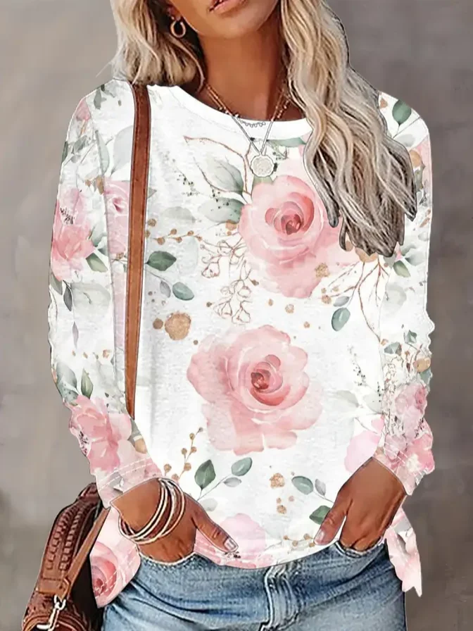 Women Floral Long Sleeve Tee T-shirt Crew Neck Printing Casual Spring/Fall Graphic Tee Top