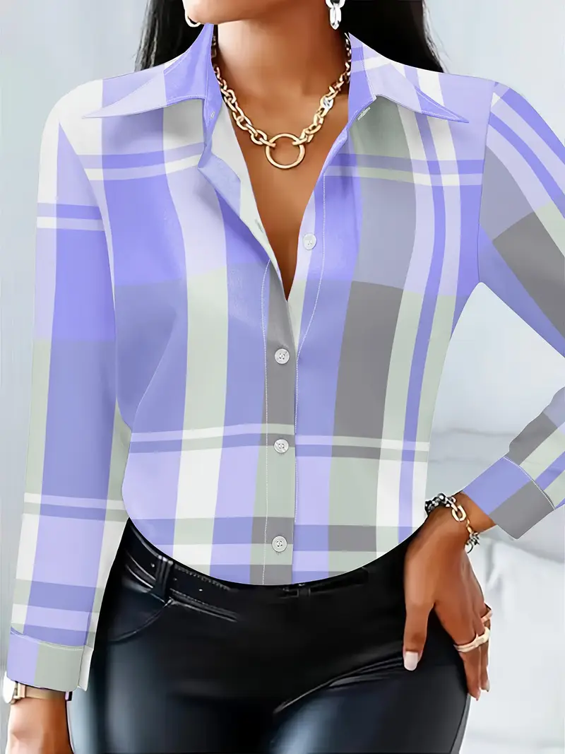 Women Plaid Long Sleeve Shirt Spring/Fall Buckle Shirt Collar Regular Sleeve Daily Casual Top