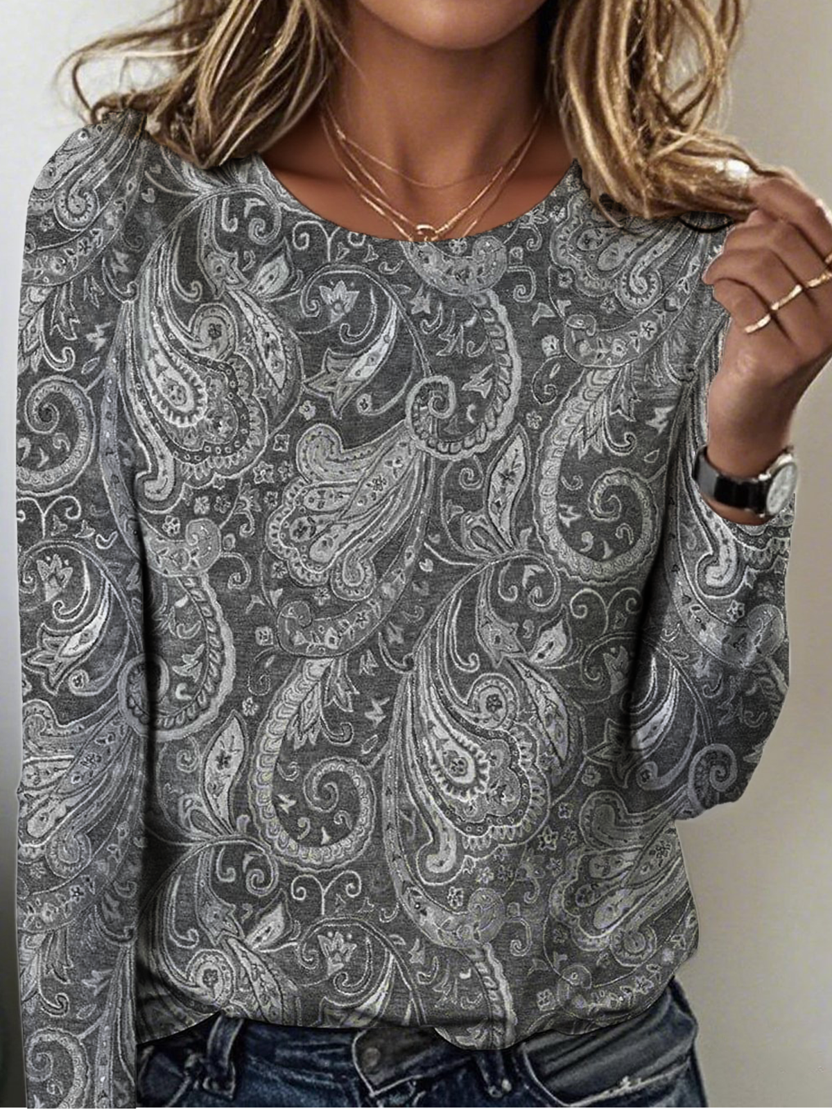 Women Paisley Long Sleeve Tee T-shirt Crew Neck Vintage Spring/Fall Top