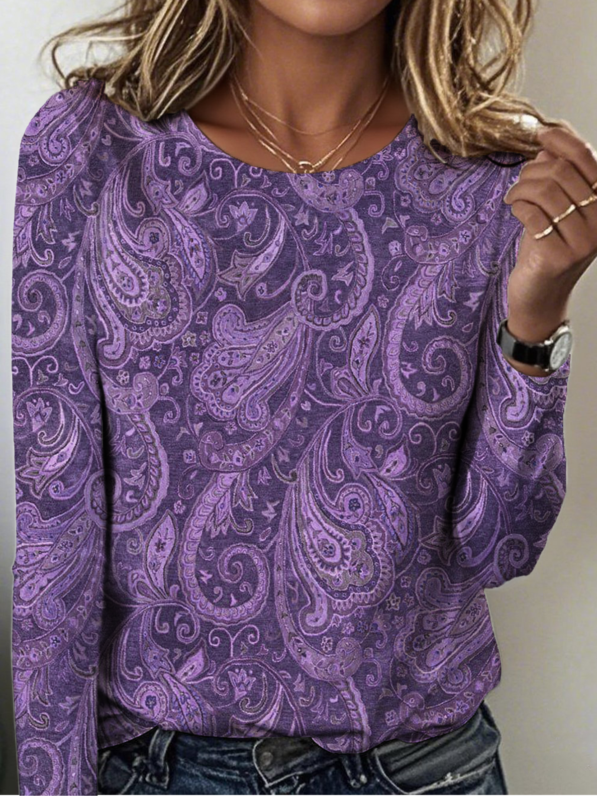 Women Paisley Long Sleeve Tee T-shirt Crew Neck Vintage Spring/Fall Top